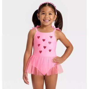 Cat & Jack Girls Pink Tulle One Piece Swimsuit With Glitter Hearts Design Size 5